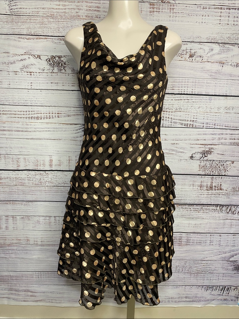 Joseph Ribkoff Sleeveless Dress with Gold Polka Dots - Picture 2 of 5
